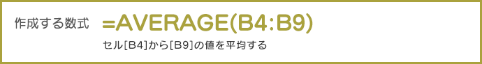 作成する数式 =AVERAGE(B4:B9) セル[B4]から[B9]の値を平均する