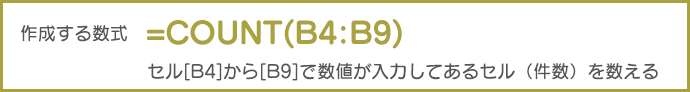 作成する数式	=COUNT(B4:B9) セル[B4]から[B9]で数値が入力してあるセル（件数）を数える
