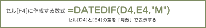 セル[F4]に作成する数式	=DATEDIF(D4,E4,"M") セル[D4]と[E4]の差を「月数」で表示する