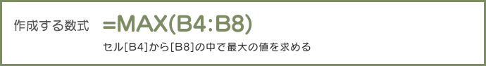 作成する数式	=MAX(B4:B8) セル[B4]から[B8]の中で最大の値を求める