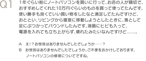 Q1　1年ぐらい前にノートパソコンを買いに行って、お店の人が親切で、おすすめしてくれた10万円ぐらいのものを買って使ってたんです。使い勝手も良くていい買い物をしたなと満足してたんですけど、おととい、リビングから寝室に移動しようとしたときに、落として足にぶつかってバウンドしたんです。液晶にヒビも入って、電源を入れても立ち上がらず、壊れたみたいなんですけど。　A　え！？お怪我はありませんでしたでしょうか？　B　お怪我はありませんでしたでしょうか。ご不便をおかけしております。ノートパソコンの修理についてですね。