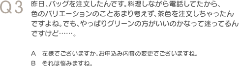 Q3　昨日、バッグを注文したんです。料理しながら電話してたから、色のバリエーションのことあまり考えず、茶色を注文しちゃったんですよね。でも、やっぱりグリーンの方がいいのかなって迷ってるんですけど。　A　左様でございますか。お申込み内容の変更でございますね。　B　それは悩みますね。