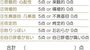 ①悲観的・心配性 5点or楽観的0点 ②消極的 5点or積極的0点 ③生真面目・几帳面 5点or不真面目0点 ④否定的 5点or肯定的0点 ⑤怒りっぽい 5点orおおらか0点 ⑥自己評価が低い 5点or自己評価が高い0点 合計( )点