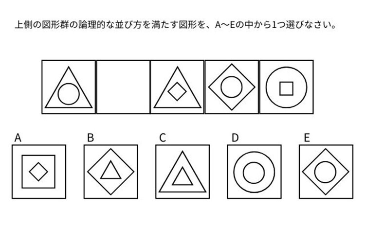 上側の図形群の論理的な並び方を満たす図形を、A~Eの中から1つ選びなさい。