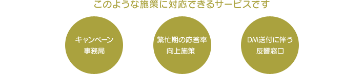 このような施策に対応できるサービスです　キャンペーン事務局　繁忙期の応答率向上施策　DM送付に伴う反響窓口