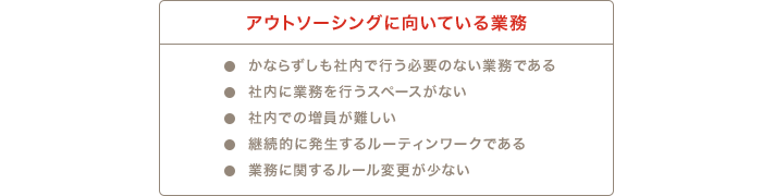 アウトソーシングに向いている業務 必ずしも社内で行う必要のない業務である 社内に業務を行うスペースがない 社内での増員が難しい 継続的に発生するルーティンワークである 業務に関するルール変更が少ない